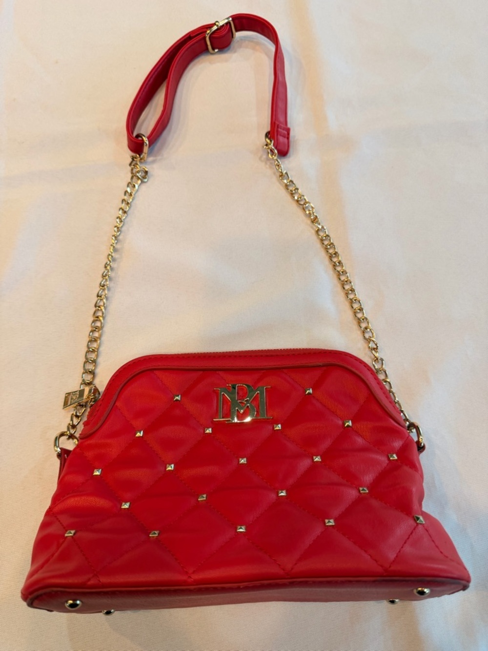 Badgley Mischka Red Diamond Quilted Gold Studded Crossbody